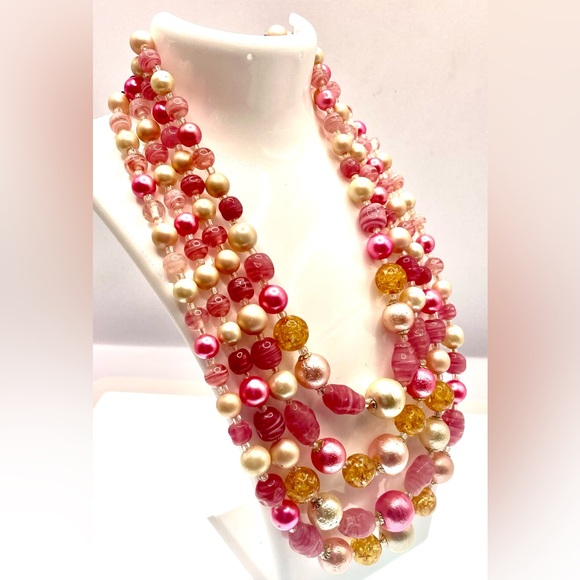 Vintage Signed Japan Multistrand Acrylic and Molded Glass Beaded Necklace MCM - Picture 2 of 9